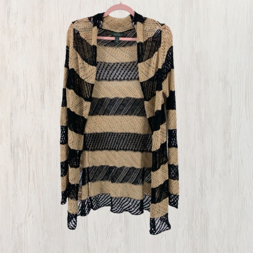 Lauren Ralph Lauren Striped Open Front Cardigan Tan Black Crochet Knit M Linen